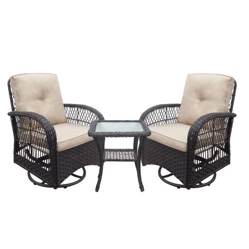 360-Degree Patio Wicker Swivel Rocker Chairs Set; Outdoor Rattan Rocking Bistro Sets with Cushions and Table; Dark Brown 360-Degree Patio Wicker Swivel Rocker Chairs Set; Outdoor Rattan Rocking Bistro Sets with Cushions and Table; Dark Brown