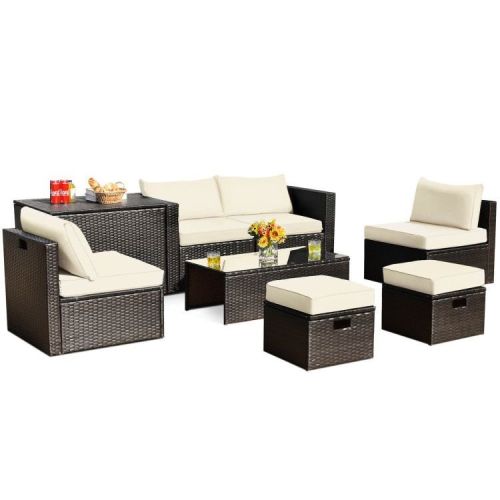 8 Pieces Patio Space-Saving Rattan Furniture Set with Storage Box and Waterproof Cover 8 Pieces Patio Space-Saving Rattan Furniture Set with Storage Box and Waterproof Cover