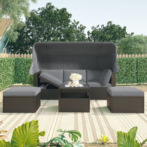 U_Style Outdoor Patio Rectangle Daybed with Retractable Canopy, Wicker Furniture Sectional Seating with Washable Cushions, Backyard U_Style Outdoor Patio Rectangle Daybed with Retractable Canopy, Wicker Furniture Sectional Seating with Washable Cushions, Backyard